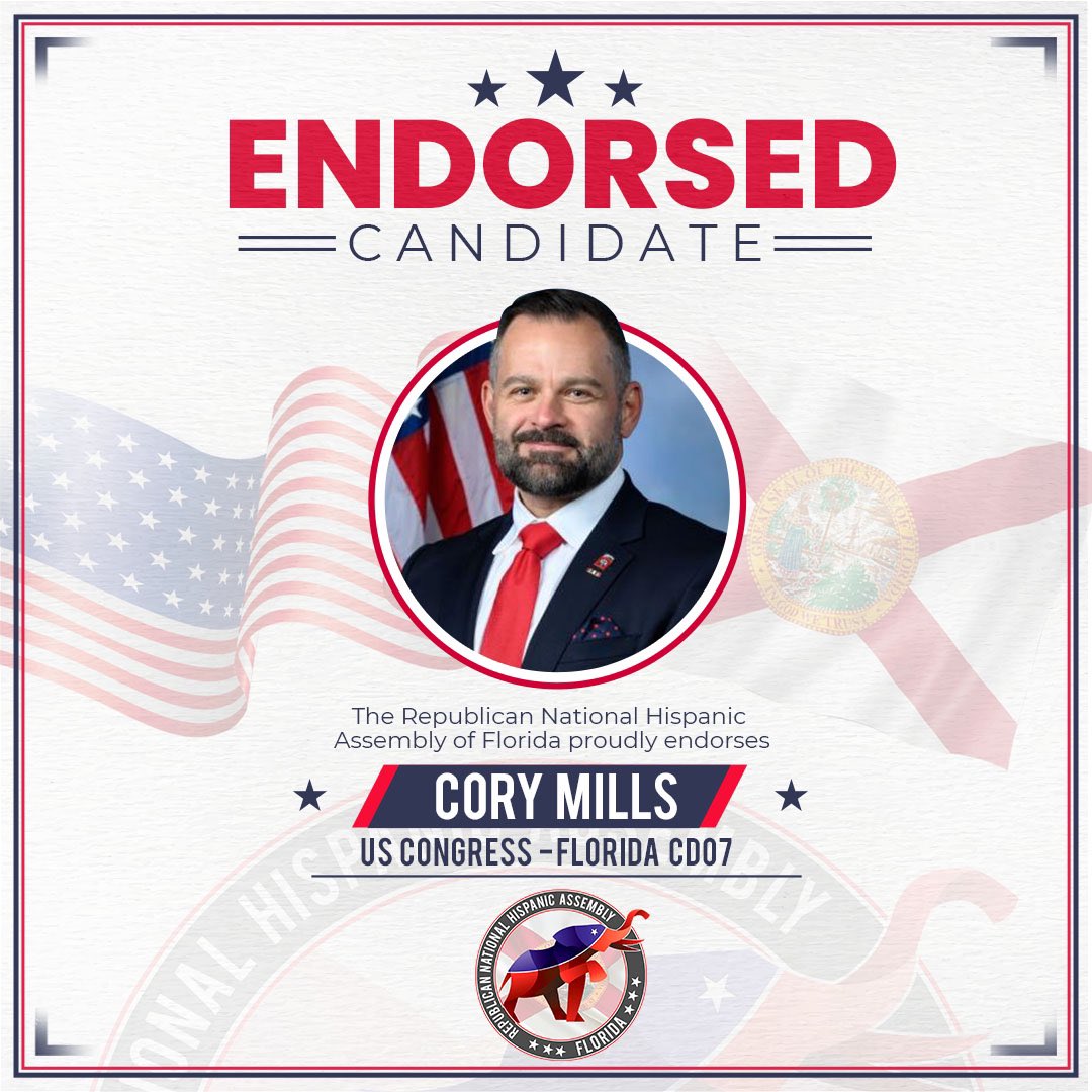 Exciting News! #RNHAFlorida proudly endorses Congressman @CoryMillsFL for re-election. A true leader who represents our values and fights for a brighter future. Let’s stand together to support his continued journey in making a difference! 🇺🇸 #CoryMills #Reelection #SomosGOP