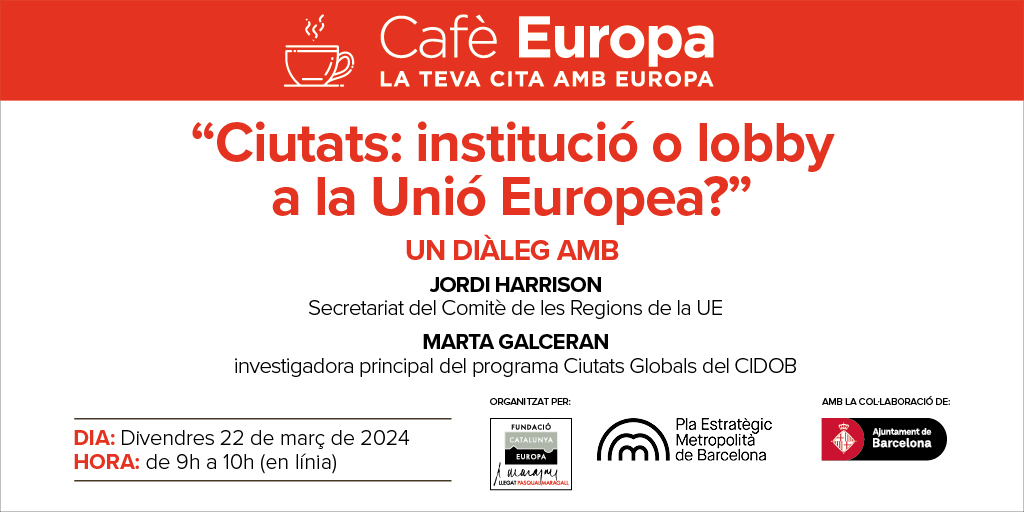 ☕️ Demà divendres 22 tens una nova cita amb el #CafèEuropa! 🏙️ Debatrem en un diàleg sobre el paper i la influència de les ciutats a la #UnióEuropea amb els experts Jordi Harrison i @martagalceran. T'hi apuntes? 👉🏼inscribirme.com/cafeeuropalesc…