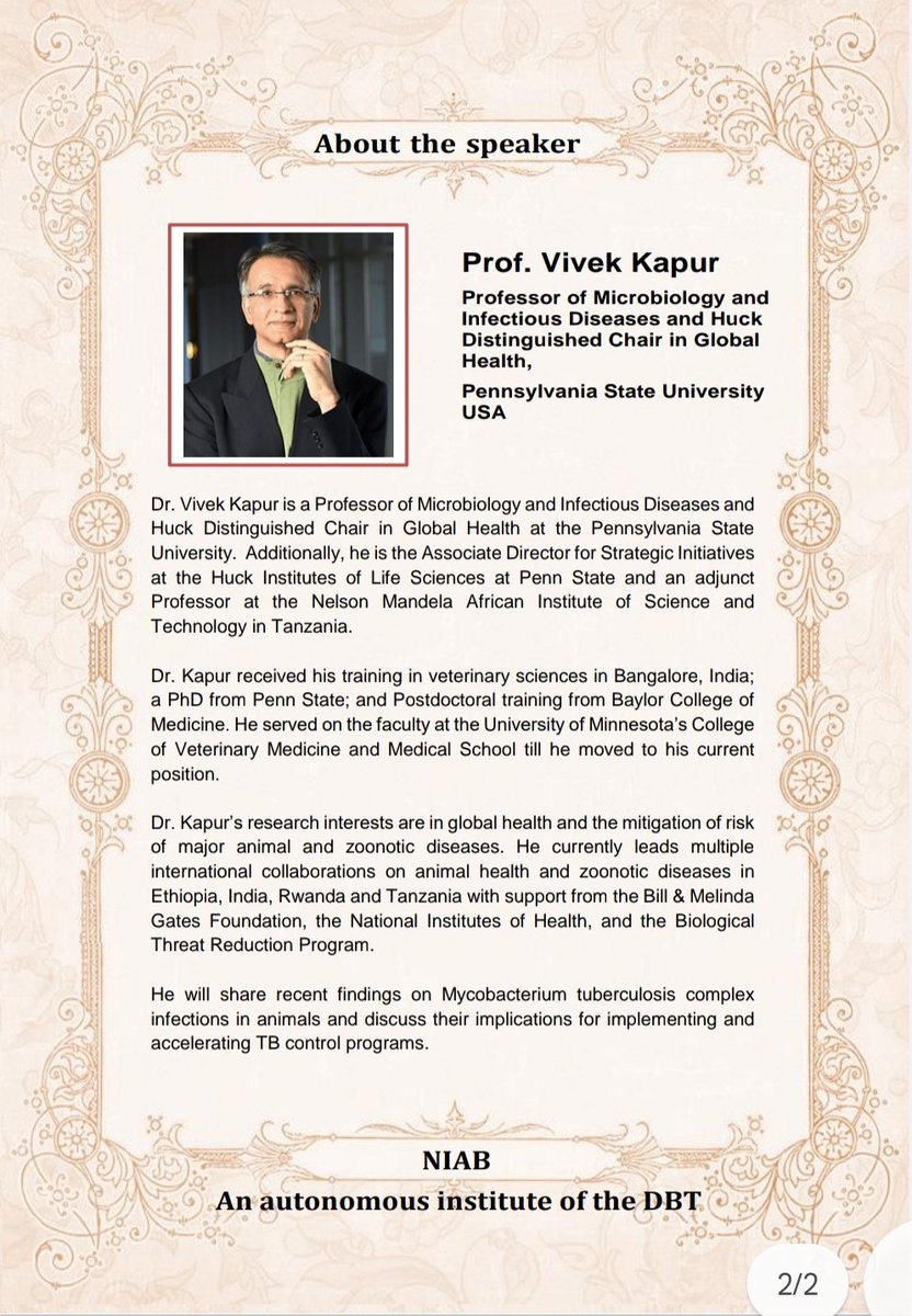 HydNiab's tweet photo. Join the  ‘World TB Day’ Program &amp; Distinguished Lecture at @HydNiab on March 22 by Dr. Vivek Kapur, Professor of Microbiology &amp; Infectious Diseases, Pennsylvania State University, USA
Topic - Accelerating control of bovine tuberculosis: Estimating risk of zoonotic TB in India https://t.co/Lr3D499MYY