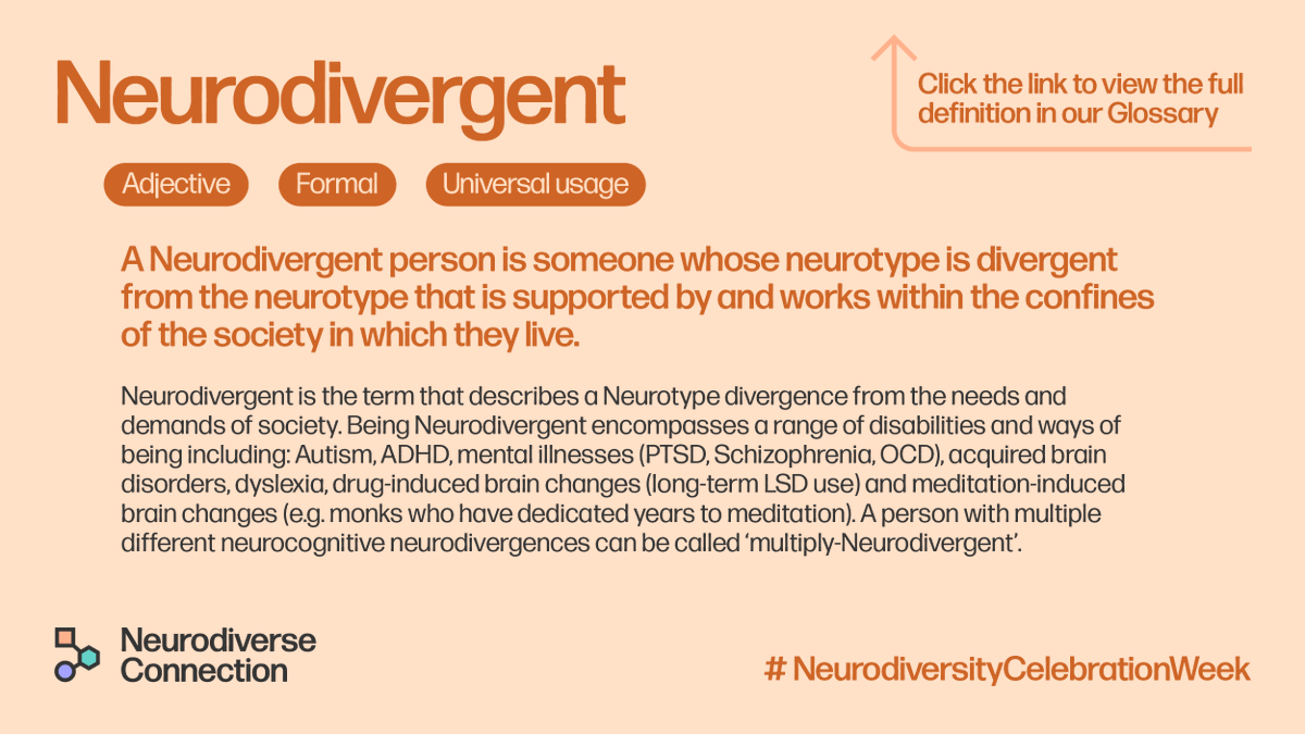 📙 DEFINITION 4/7: 'Neurodivergent'. For the full definition with further notes and examples, check out our (expanding daily) online Dictionary of Neurodivergent Language: ndconnection.co.uk/resources/p/di… #NeurodiversityCelebrationWeek #neurodivergentlanguage @NCWeek