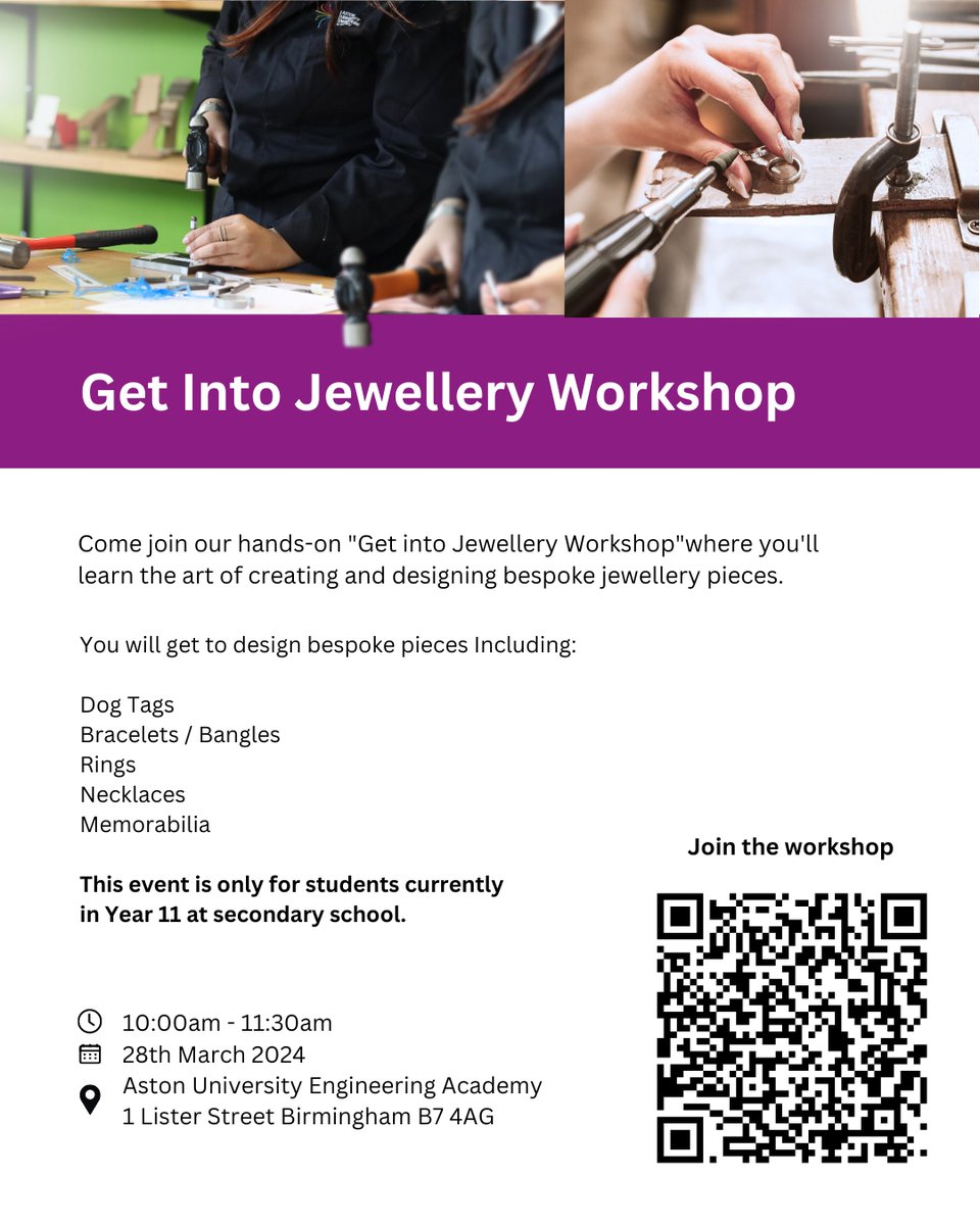 🌟 Explore the world of jewellery design with our hands-on workshop! 💍 📅 Date: 28th March 2024 🕙 Time: 10:00am - 11:30am 🎓 Exclusively for Year 11 students eventbrite.co.uk/e/get-into-jew… ✨