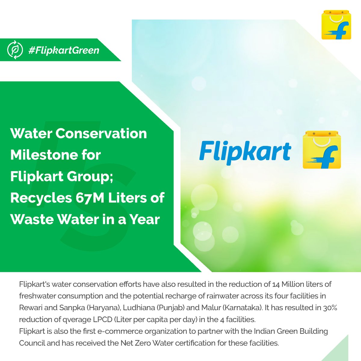 .@Flipkart Group recycled 67 million liters of waste water across four facilities, driving #waterconservation. Our focus on reducing, reusing, and recycling water aligns with our commitment to #sustainability and building a greener future. Read More: bit.ly/mar2124pr1…