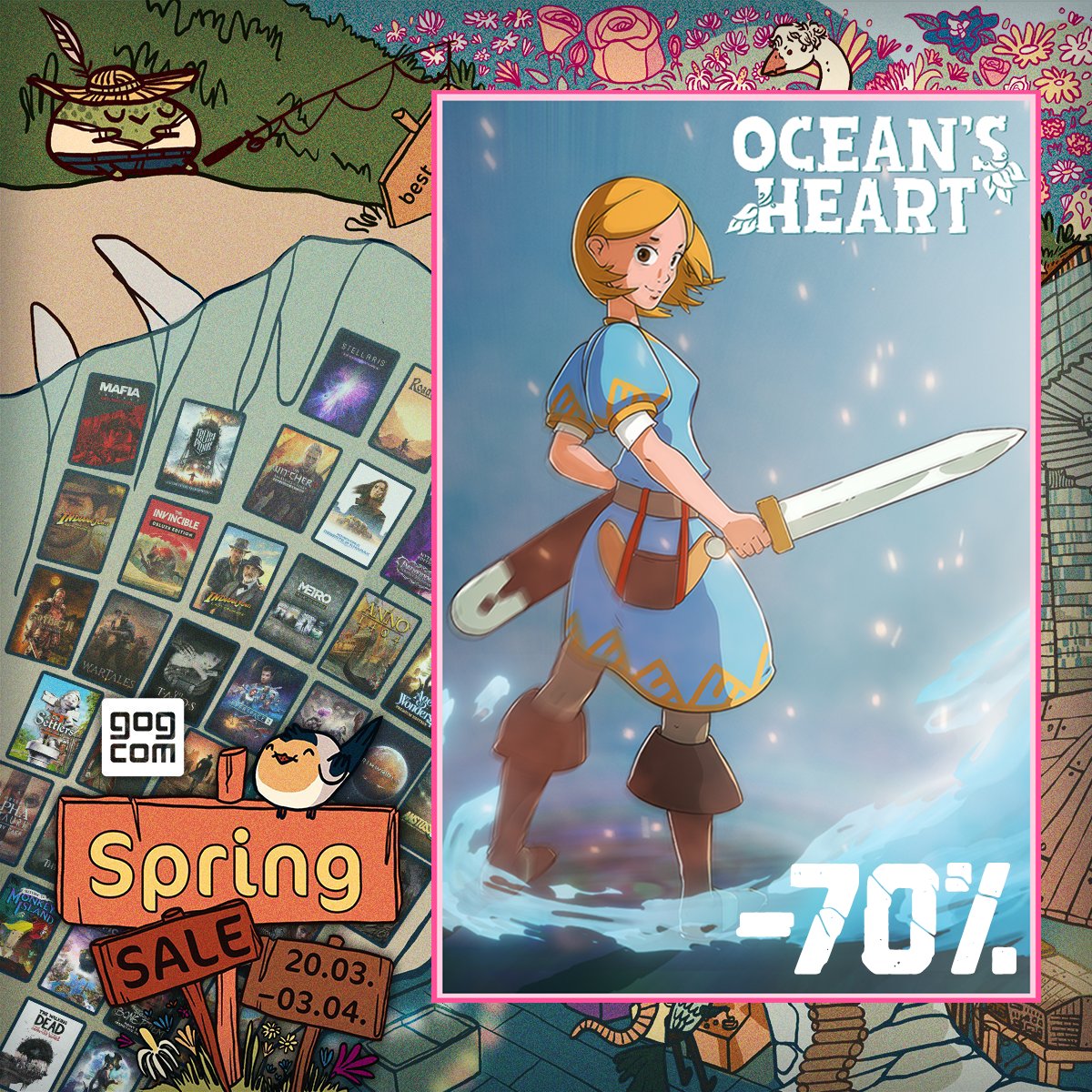 OceansHeartgame's tweet photo. A Spring discount frenzy continues!🤩💫 Snag your copy of #OceansHeart on @GOGcom today and dive into a magnificent #zelda-like adventure in a beautiful #pixelart world!💙😍 ➡️https://t.co/AWd14XFXyj✨
#indiegame #solodev #gamedev #GOGSpringSale #games https://t.co/2MSGZ1CGYV