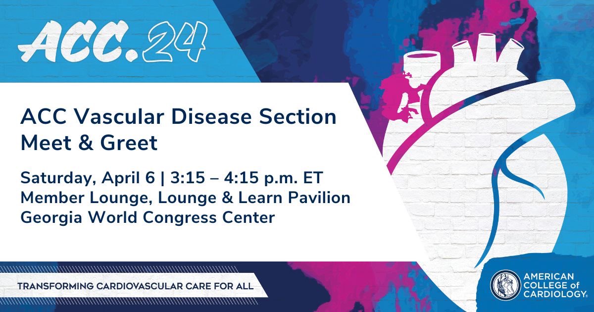 Who’s excited for #ACC24 ??? Can’t wait to meet you all @ #ACC #Vascular Disease Section MEET & GREET!!! 📅 Sat, April 6 🕕 3:15 p.m. ET RSVP:  bit.ly/3TDHBLr   @ACCinTouch #ACCvascular #CardioTwitter #ACCFIT @DougDrachmanMD @SVM_tweets @PVDCouncil @DrAnneAlbers