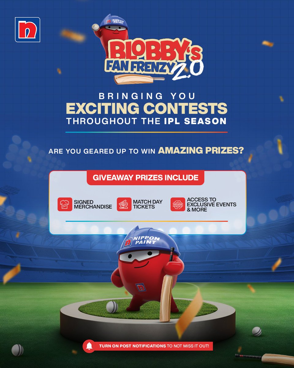 Experience the thrill of IPL like never before! Participate in our exciting contests for a chance to win amazing prizes.  Follow us, play, and win big! #BlobbysFanFrenzy

#NipponPaint #NipponPaintIndia #Contest #contestalert #contests #giveawayalert #giveaway