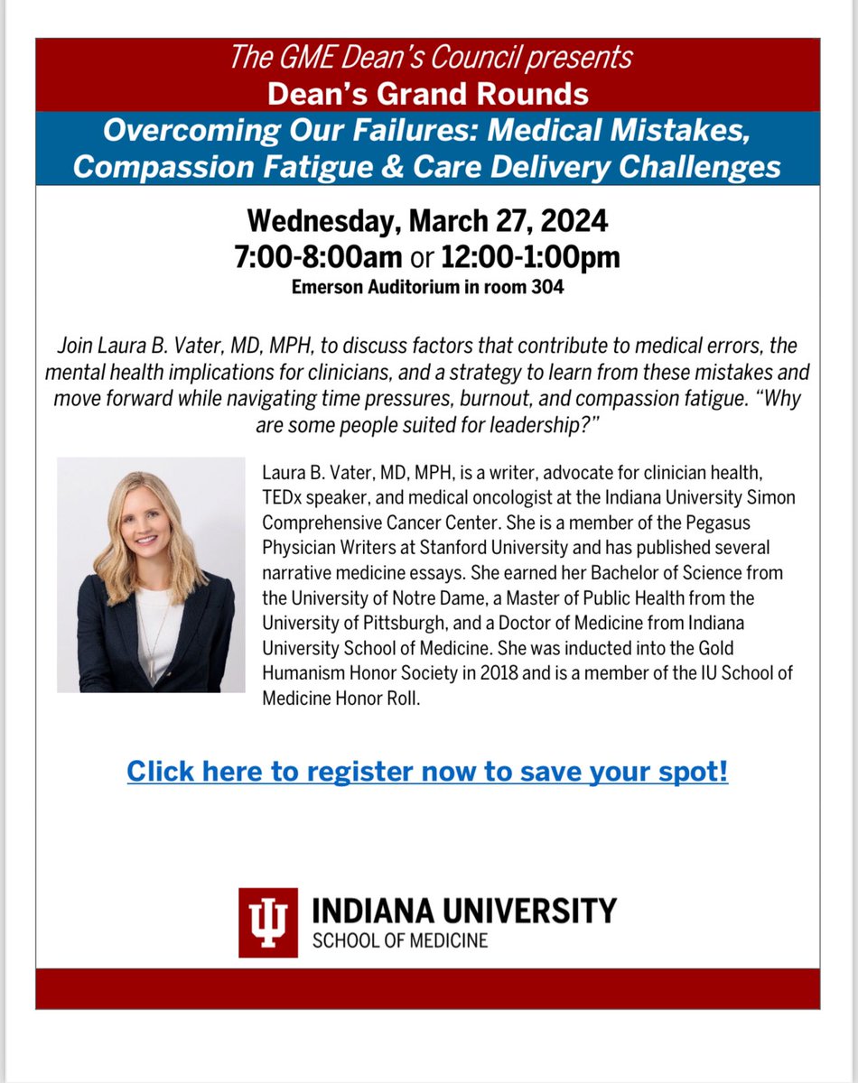 We are excited to share the news that Dr. @doclauravater will be presenting Dean’s #GrandRounds on 3/27 at 12pm⭐️We cannot wait to learn from you‼️ Link to register in your 📧