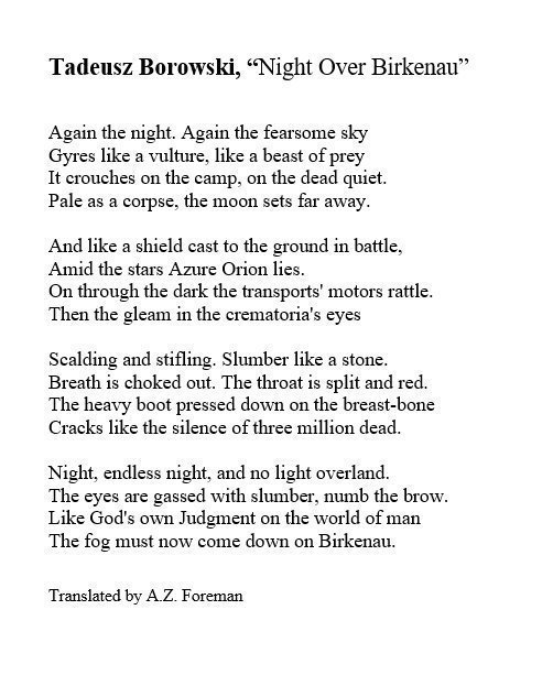 #WorldPoetryDay | 'Night Over Birkenau' by an #Auschwitz survivor Tadeusz Borowski (1922-1951, camp no. 119198 

(en.wikipedia.org/wiki/Tadeusz_B…)