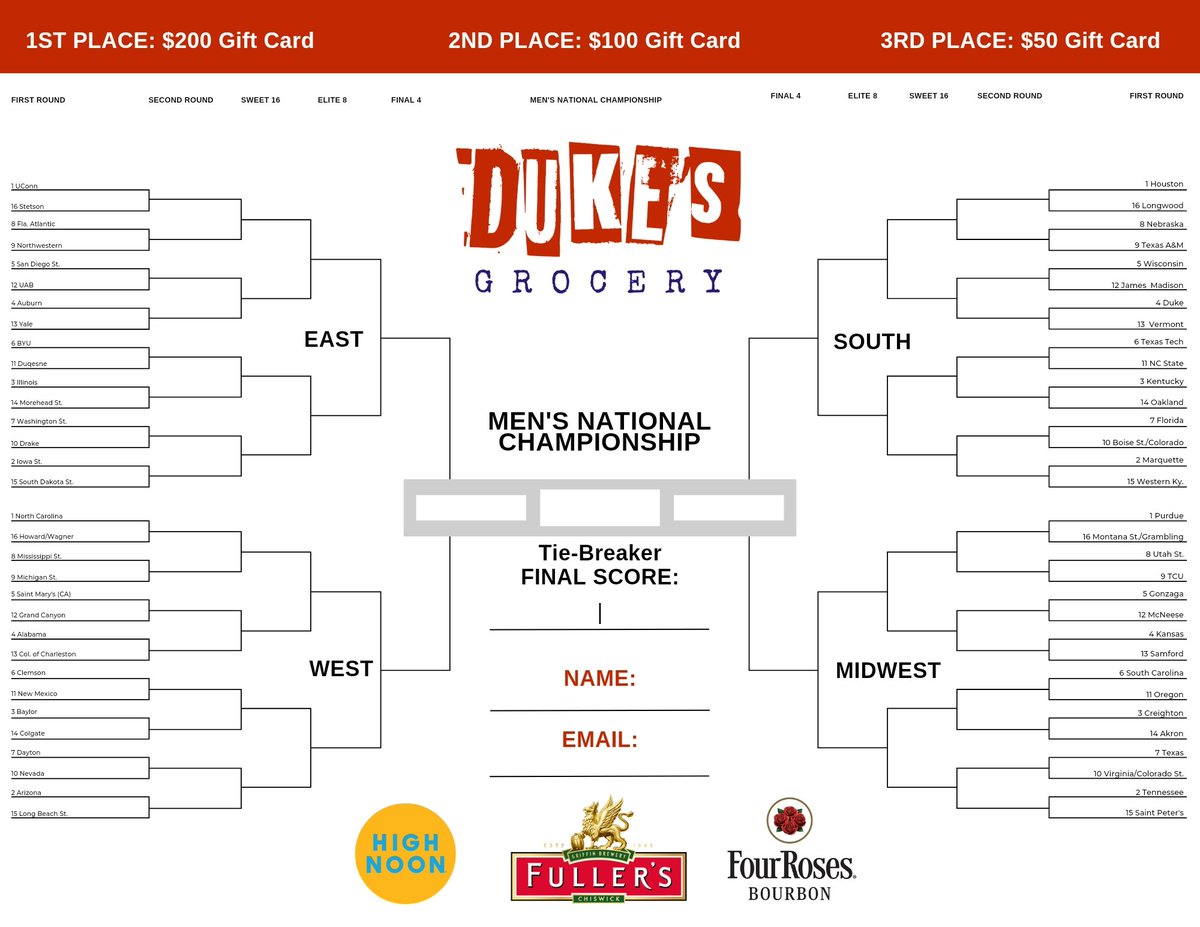 Last call to fill out your Men's Brackets! Submit in person at any Duke's Grocery location by noon today; print brackets from our website DukesGrocery.com