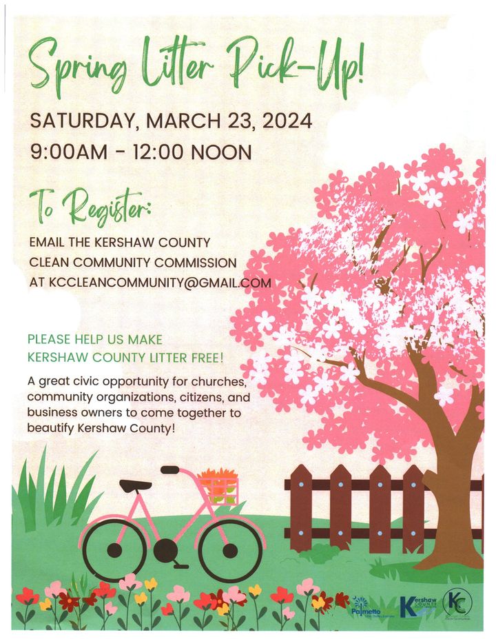 midcarolinacu's tweet photo. Help make Kershaw County Litter Free at the Spring Litter Pick-Up! The event will take place Saturday, March 23, 2024 from 9:00 AM to 12:00 PM.

To register, email the Kershaw County Clean Community Commission at Kccleancommunity@gmail.com https://t.co/DQYDAsIl8f