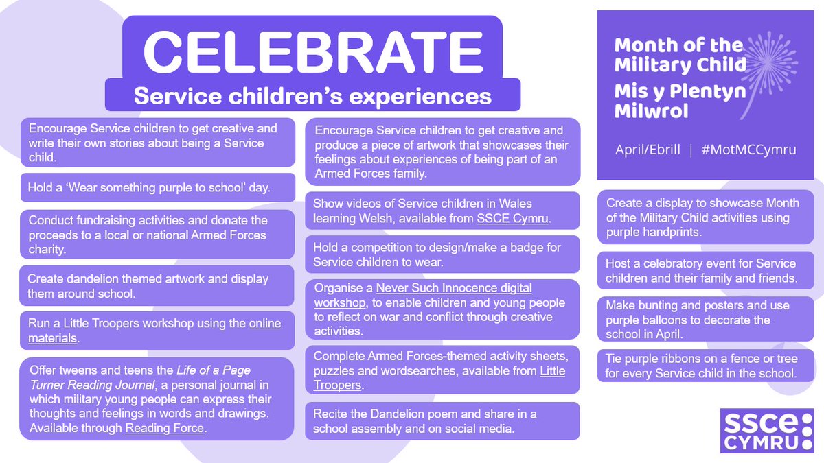 💜Celebrate💜

Month of the Military Child is a month dedicated to celebrating and applauding our Service children for the sacrifices they make. How will you be celebrating your Service children at school? #MotMCCymru