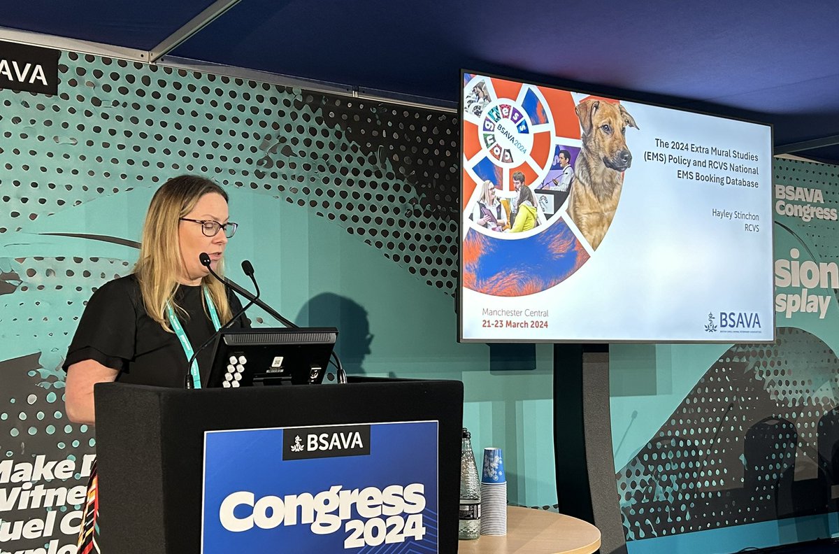Great to hear our Education Officer, Hayley Stinchon, outline how <a href="/theRCVS/">Royal College of Veterinary Surgeons</a> is working to make ‘the future brighter for EMS’ by outlining our new Extra-mural Studies policy, hub and database.  #BSAVACongress