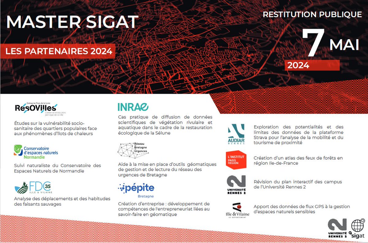 BorisMericskay's tweet photo. 📆 Date à marquer dans les agendas !!!

▶️ Mardi 7 Mai : Journée SIGAT 2024 à Rennes !!!

👩‍🏫Présentation publique des 10 ateliers professionnels des M1 et des M2 @E_Sigat 

🌐 L'occasion de découvrir et d'échanger autour des multiples applicatifs et enjeux de la #géomatique ! https://t.co/bK2wqeuqbh