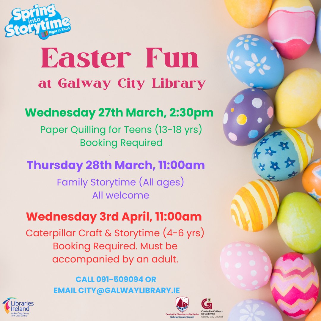 There's lots of fun activities for the Easter holidays in @galwaycitylib! To book, call 091-509094 or email city@galwaylibrary.ie
#easterbreak #craftsforkids #craftsforteens #storytime #springintostorytime #lovegalwaylibraries