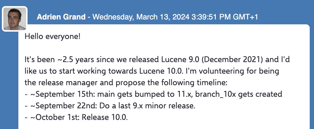 xeraa's tweet image. #lucene 10 is starting to shape up: lists.apache.org/thread/4bhnkkv… 🙌