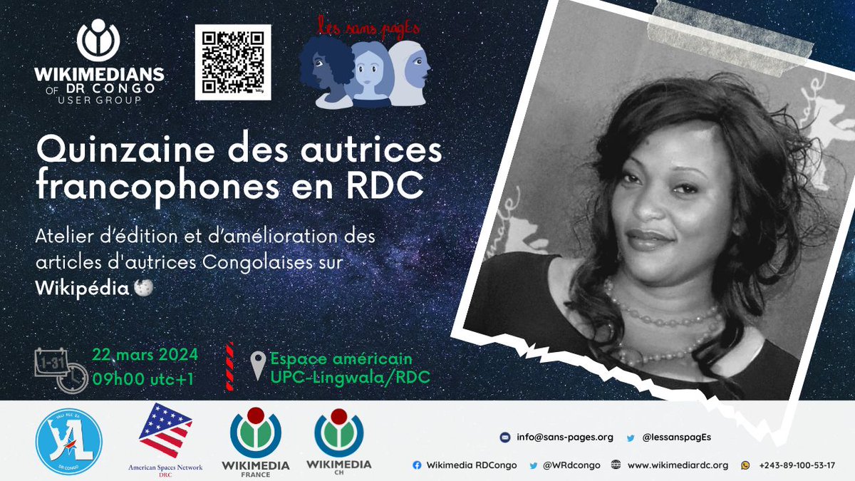 Afin de célébrer la quinzaine des autrices francophones 2024 en RDC, @WRdcongo en collaboration avec @lessanspagEs & @YALIRLCEA, organisent un éditathon ce 22 mars, à l'espace américain (UPC-KIN) Réduisons le fossé de genres sur #internet @tresorkalonji @NasibuEl @NatachaLSP