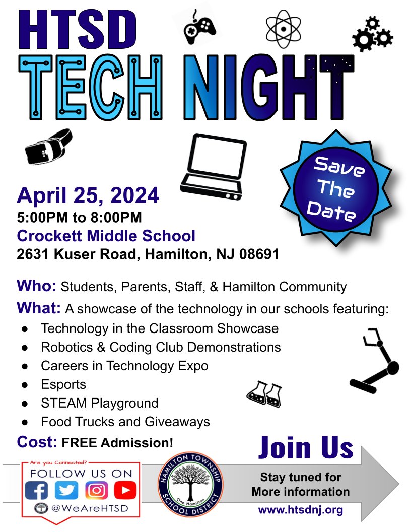 📣 Upcoming HTSD Events Save the Date! Tech Night 🗓 Thu., April 25th 🕰 5:00pm - 8:00pm 🏡 @HTSD_Crockett Join us for a night of Technology in our schools 💻 #HTSD #HTSDpride @ScottRRocco @HTSDSecondary @HTSD_Tech @HTSD_HR @LauraGeltch @HTSDCurriculum @HamiltonTwpNJ