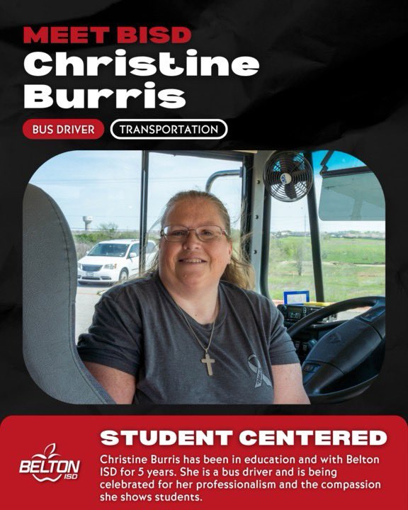 BeltonISD's tweet photo. Meet Christine Burris! She is a bus driver and is being celebrated for her professionalism and the compassion she shows students. Learn more about how Christine encompasses our #WorldClassCompetencies here> https://t.co/aj5OtKjuZ4 #WorldClassEmployee #CelebrateBISD🍎 https://t.co/vrlJ8jZyOK