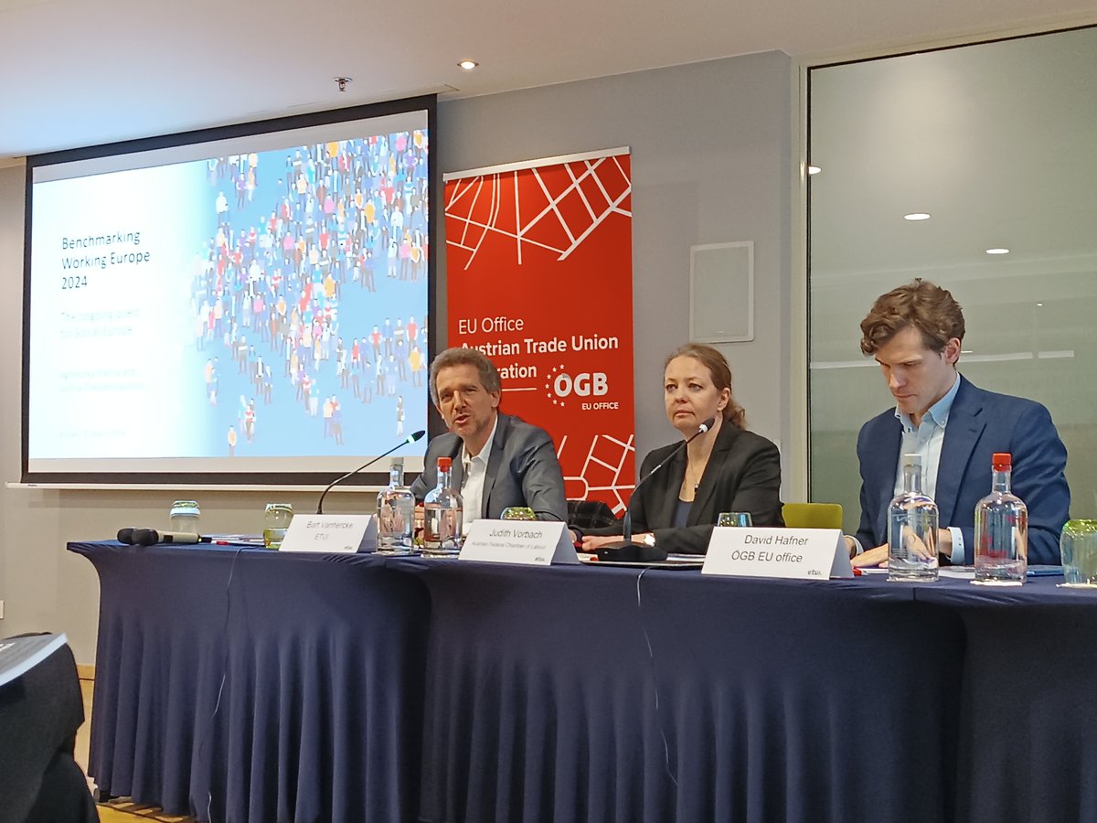 ETUI Research Director @BartVanhercke kicks off our launch of this year's #BenchmarkingWorkingEurope in Brussels, alongside @judith_vorbach @AK_EU_Int and David Hafner @oegb_at Read the report here 🔗 etui.org/Zeo