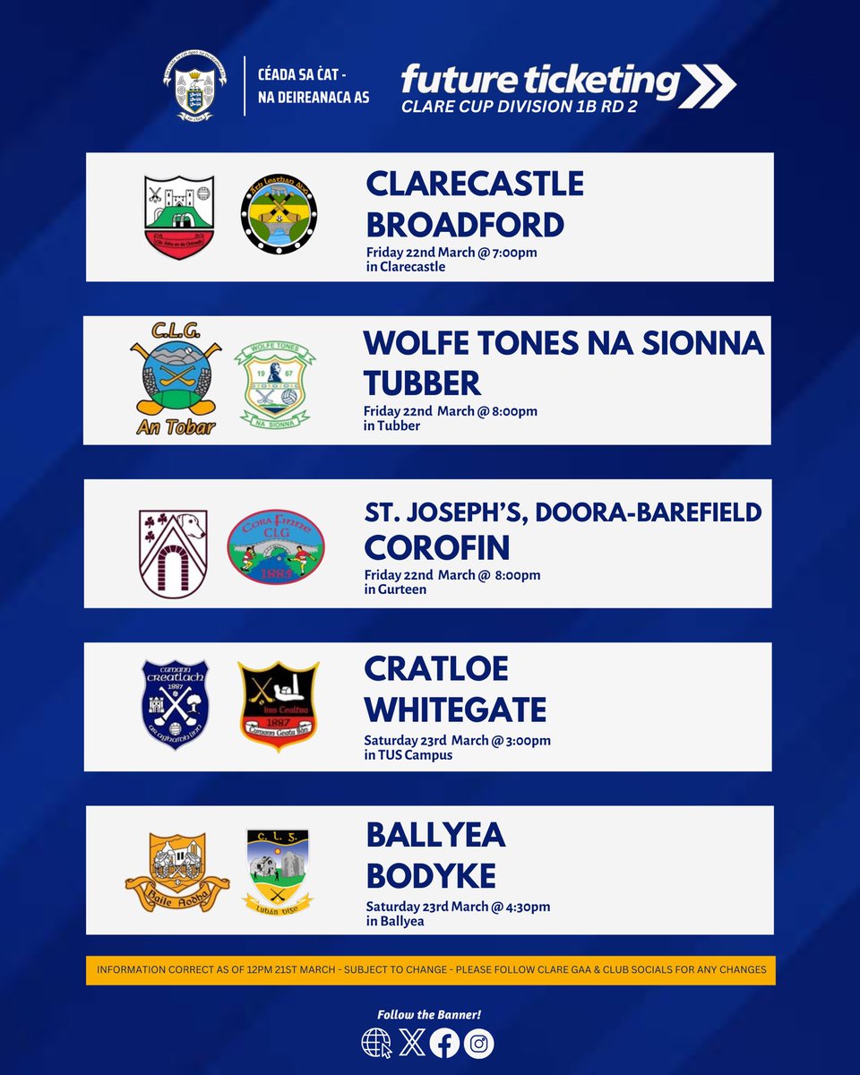 This weekend’s Round Two Fixtures for Division 1B of the @FutureTkting Clare Cup