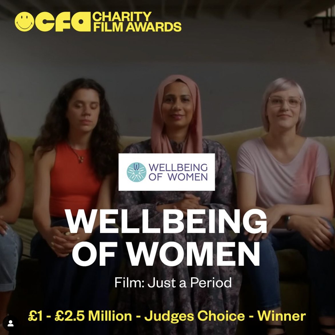 Oh WOW – we won!🎉👏💫 It was an absolute honour to create the (award-winning) Just a Period film for @WellbeingofWmen Huge thanks to @dawn_heels @esther_hilton @theadenogang @bethgranter for sharing their stories with us and @drnighatarif for being our expert voice.