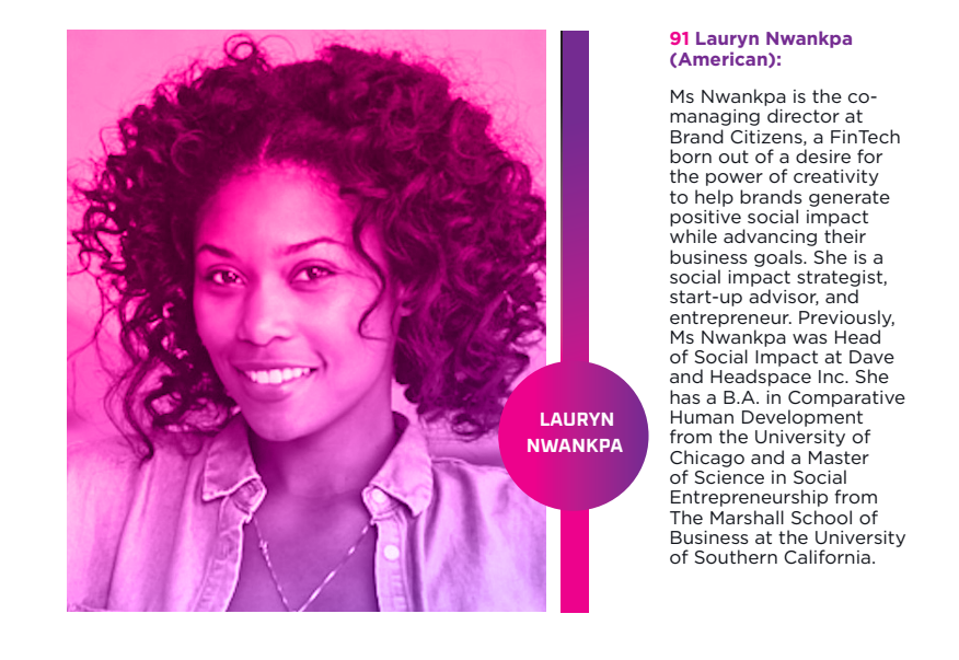 2024 Top 100 #WomenInFinTech 👇👇 91. Lauryn Nwankpa (American): Ms. Nwankpa, comanaging director at @Brand_Citizens, blends creativity with social impact. She's a social impact strategist and startup advisor with experience at Dave and Headspace Inc. | shorturl.at/gkpY4