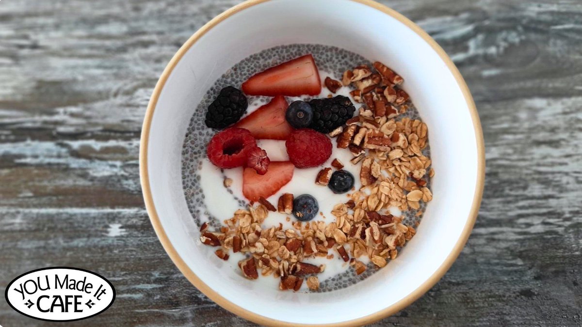 Our Chia Pudding is a light and fresh option to start your day! With fresh berries, granola clusters, and pecan bits on top of a creamy house-made chia pudding and plain yogurt, you can't go wrong. Check out the rest of our youth-made menu here: bit.ly/3OXU0rS