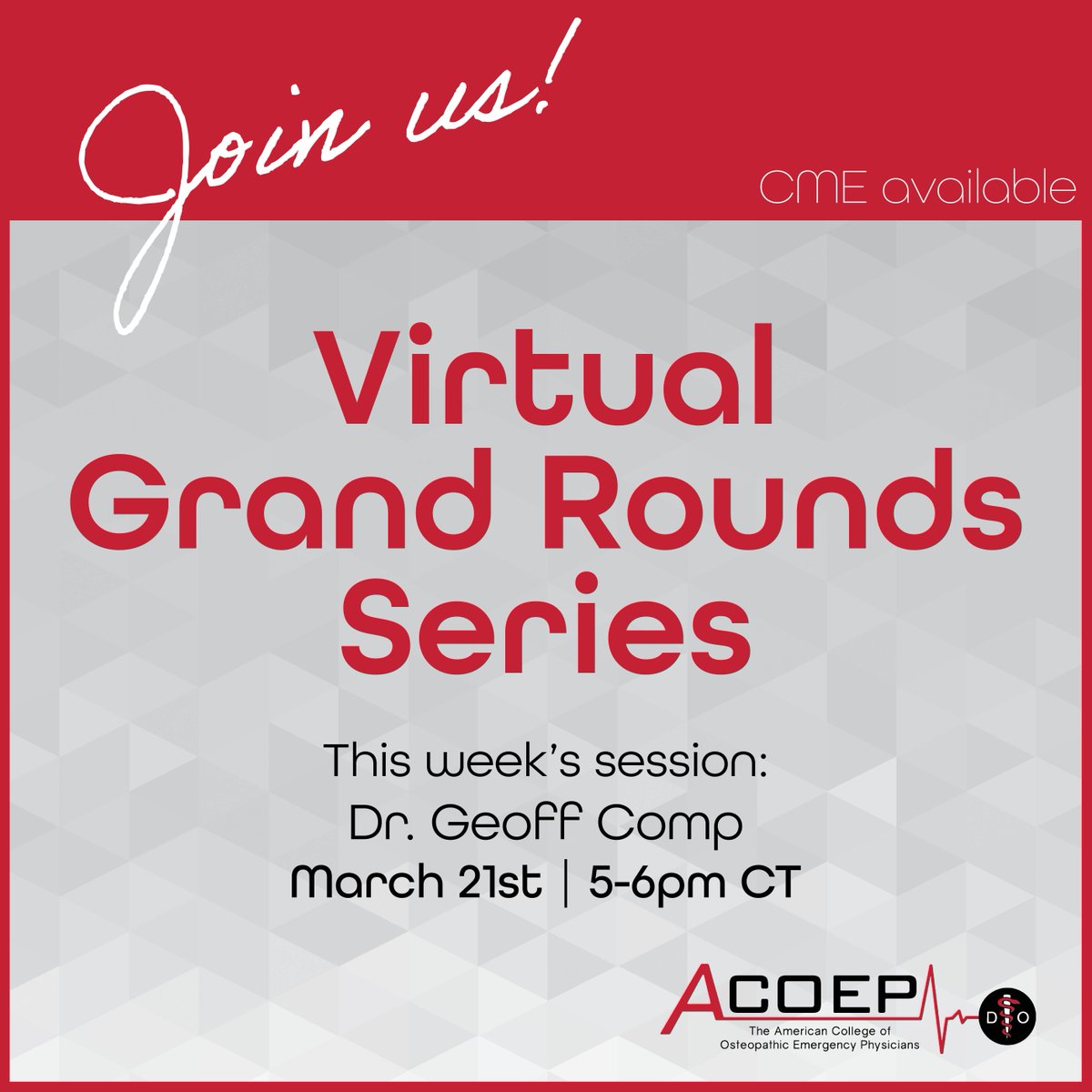 Dr. Geoff Comp live on our next Virtual Grand Rounds webinar tonight at 5pm CT. Register before 1pm to get the link to the webinar. Please join us! virtual-grand-rounds.events.acoep.org