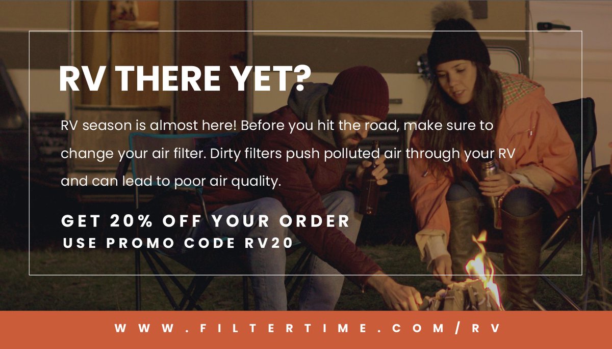 Tired of breathing in mold spores, pet dander, pollen, and dust while in your RV? Upgrade to FilterTime's RV AC air filters designed to replace the original ones. Get 20% off your order. Use promo code RV20 at checkout: hubs.ly/Q02pwtHM0 #FilterTime #CleanAir #RVLife 🚐✨