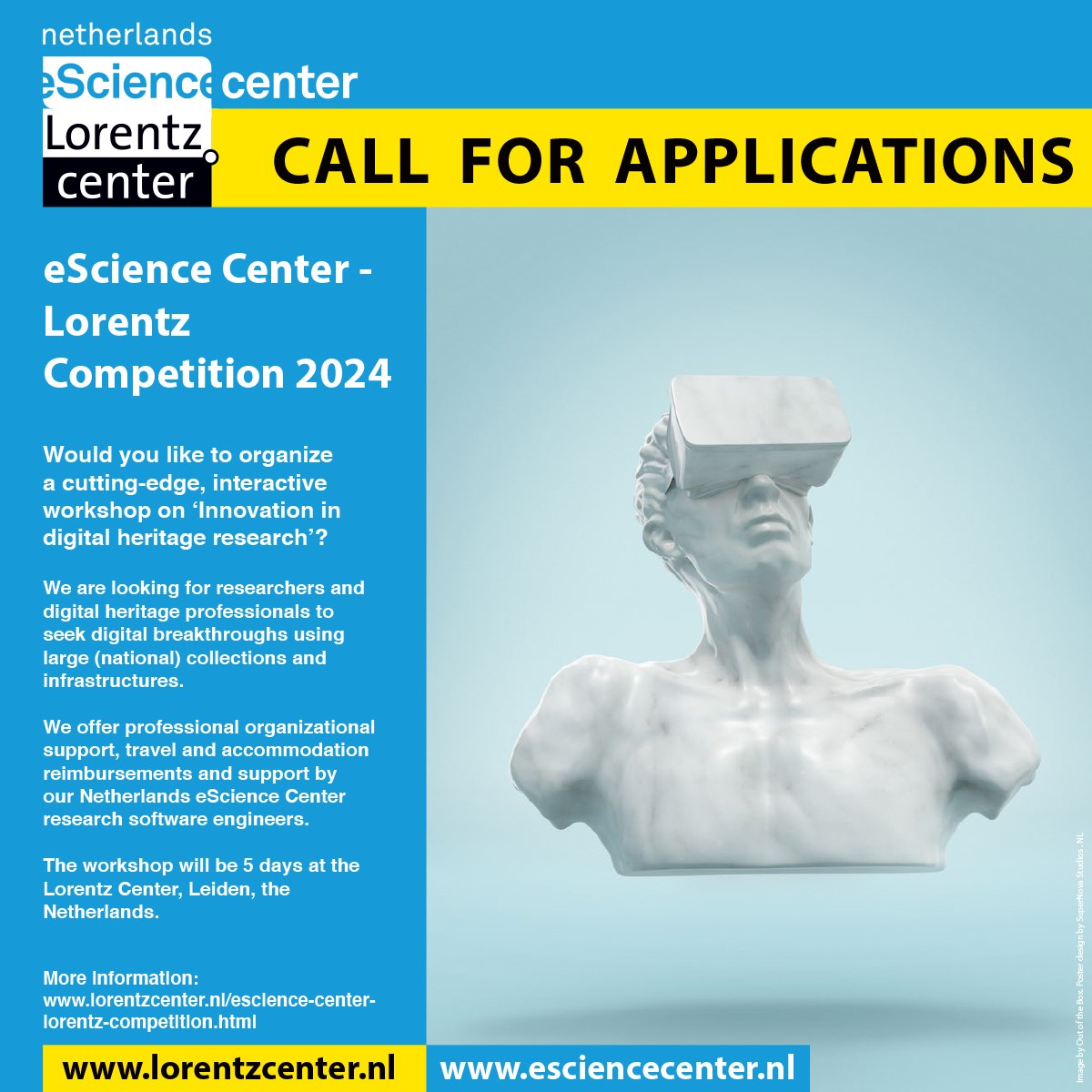 The eScience Center-@lorentzcenter competition is now open! Each year, we invite researchers to apply for the opportunity to organize a cutting-edge, innovative workshop. This year's theme is #Innovation in #Digital #Heritage #Research. Apply by 3 May! esciencecenter.nl/calls-for-prop…
