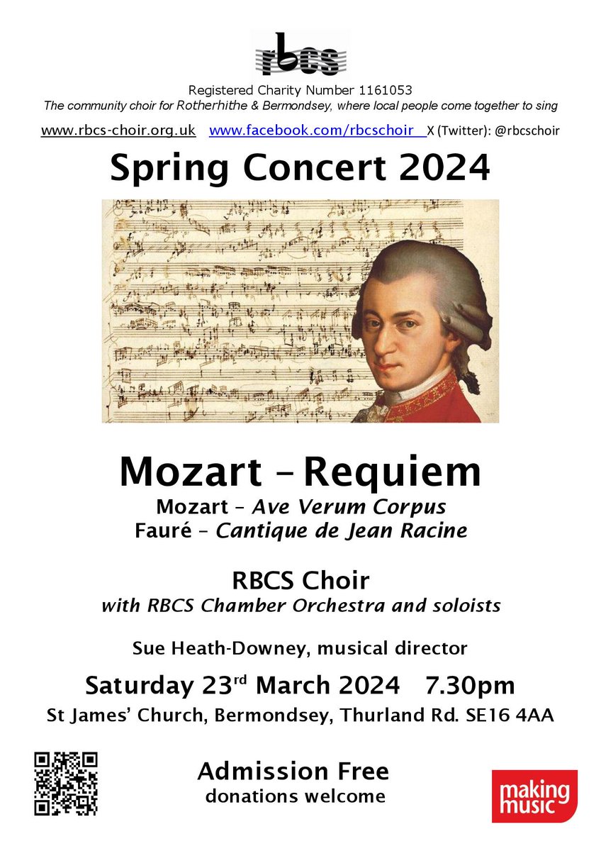 RBCS the long-established local community choir for Bermondsey and Rotherhithe, will present the famous Mozart's Requiem on Saturday 23 March at 7.30pm at St James' church. The community choir will sing with professional soloists and chamber orchestra bermondseystreet.london/mozart-requiem…