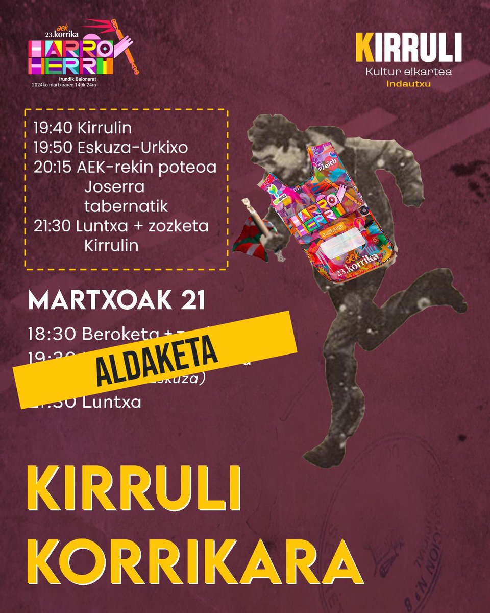 ⏰ PLAN ALDAKETA!! ⏰

Gurearen aurretik ere kilometro garrantzitsuak ditugu eta bertan egon ahal izateko ordua atzeratu dugu!

📣 DENOK 19:50 Urkixo-Eskuzan lekuko aldaketan Kirruliren indarra erakusteko!

Zozketa ondoren egingo dugu ;)