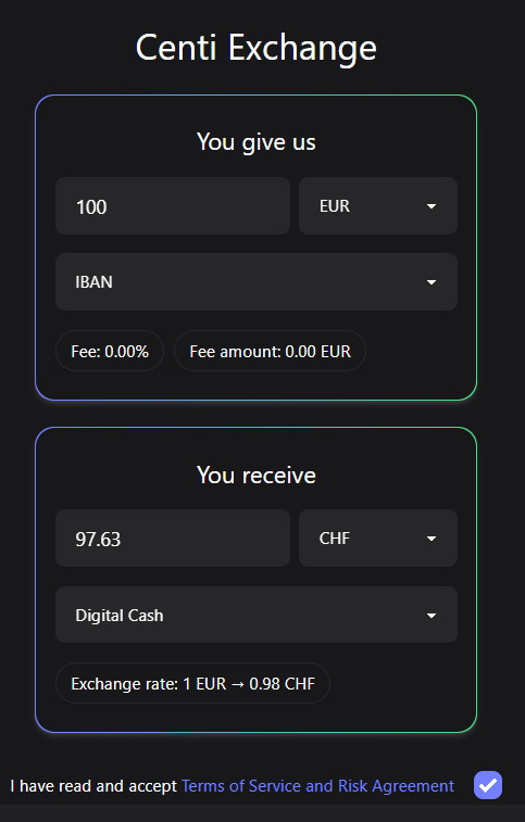 BernhardBitcoin's tweet photo. @ChCenti launched its new exchange module today. Much easier to add new on- and off-ramps. In order to celebrate we just added EUR for Bank and EUR CreditCard payments. 🎉
Next step: Fiat bank payouts and digital cash to digital cash exchanges... Try it out in the Centi App! https://t.co/eeSAo3I4Js