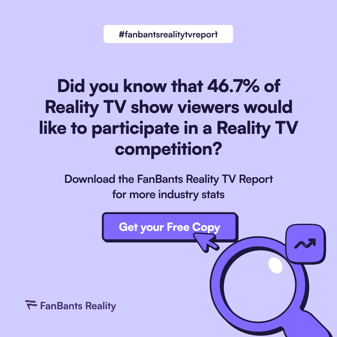 FanBantsReality's tweet photo. I bet you didn’t know that 46.7% of reality TV show viewers would love to be a part of a Reality TV competition!😱

Who do you think emerged as the Top Reality TV star?

Download the FanBants Reality TV Report https://t.co/vGWDi2fn81 to find out more💫✨ https://t.co/AlmUvSJMIi
