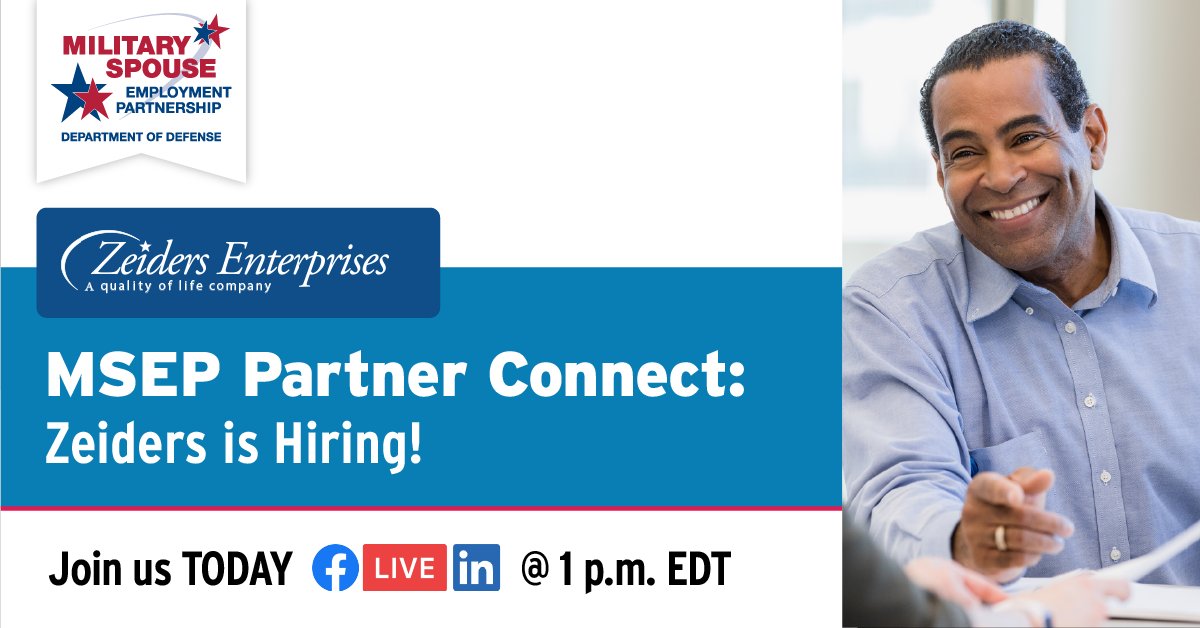 Don’t skip this one! Tune in today at 1 p.m. EDT to chat live with MSEP partner Zeiders and learn about career opportunities with an employer dedicated to serving military and veteran communities: myseco.militaryonesource.mil/portal/events.