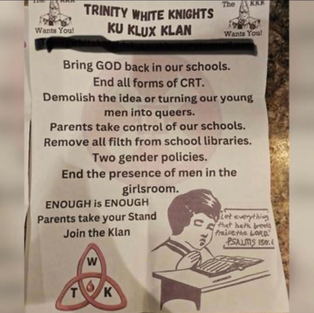 _rayten0's tweet photo. Several people in Chillicothe woke up Sunday morning to find fliers, apparently from the Ku Klux Klan, on their vehicles outside their homes.

The fliers, obtained by 10TV, contain graphic and racist content, and include information for the Trinity White Knights of the Ku Klux Ky https://t.co/tBcdTMupKy