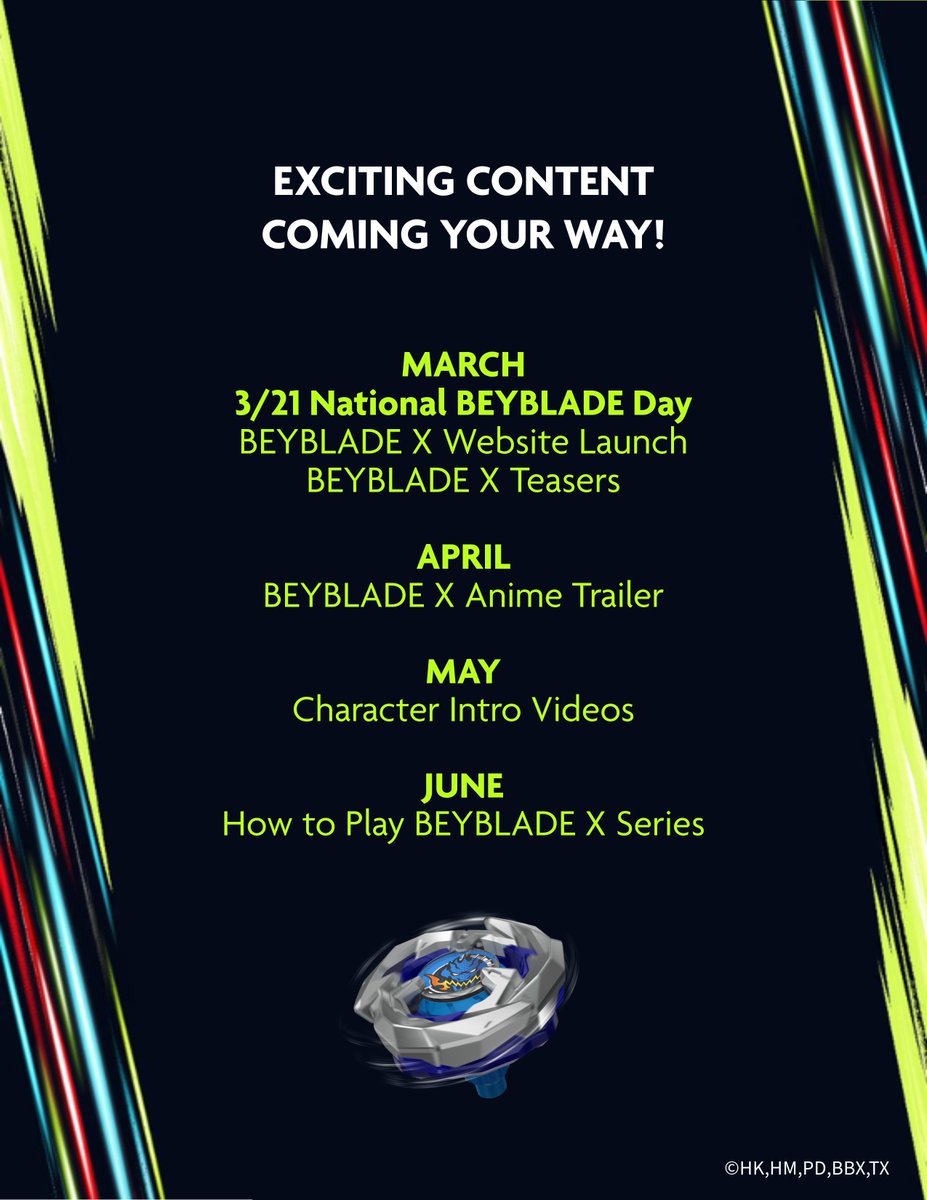3-2-1, Happy National BEYBLADE Day ⚡️
You’ve asked, we listened. 
Want to know when you can expect news about BEYBLADE X? Check out the preview calendar to find out what’s coming next and stay ahead of the game. #BeybladeDay #BEYBLADEX