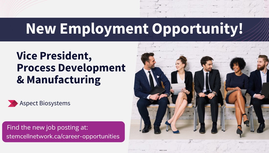 Stem Cell Network (@stemcellnetwork) on Twitter photo 📢 #JOBALERT: <a href="/aspectbiosys/">Aspect Biosystems</a> is hiring a Vice President, Process Development & Manufacturing.
Lead the strategy and execution of process development and manufacturing activities for the pipeline of Bioprinted Tissue Therapeutics. Learn more and apply. ➡️ jobs.lever.co/aspect-bio/cd8… 📢 #JOBALERT: <a href="/aspectbiosys/">Aspect Biosystems</a> is hiring a Vice President, Process Development & Manufacturing.
Lead the strategy and execution of process development and manufacturing activities for the pipeline of Bioprinted Tissue Therapeutics. Learn more and apply. ➡️ jobs.lever.co/aspect-bio/cd8…