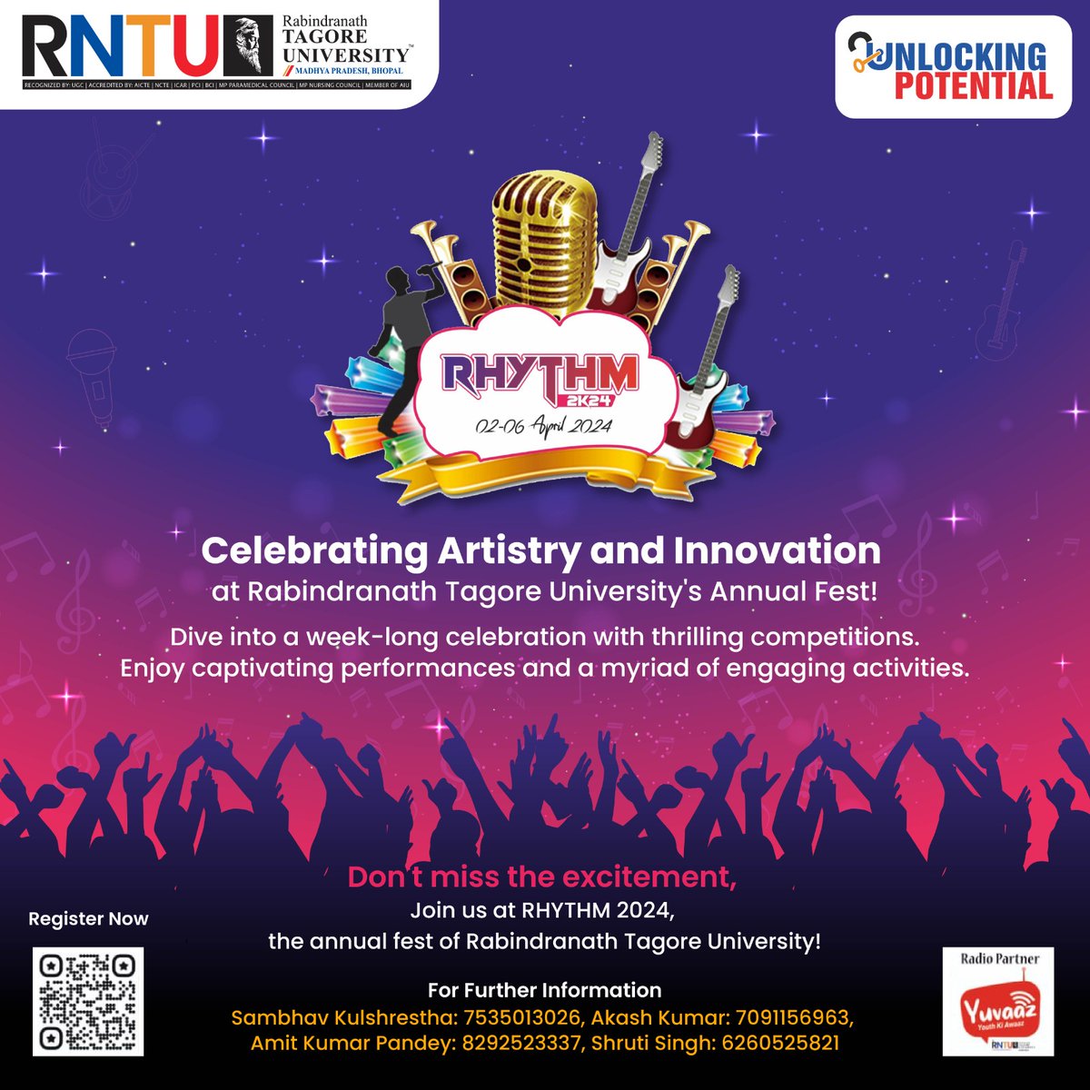 Experience the magic of creativity and innovation at RHYTHM 2024, Rabindranath Tagore University's annual fest! Dive into a week filled with thrilling competitions, captivating performances, and engaging activities.

#RHYTHM2024 #RNTUAnnualFest #ArtistryAndInnovation