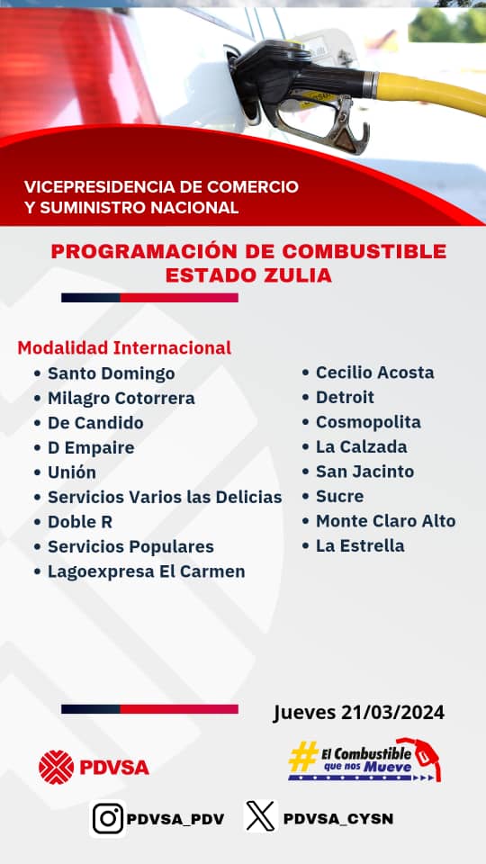 Programación de #Combustible en el estado #Zulia

#21Marzo
#Gasolina 
#PDVSA 
#ElCombustibleQueNosMueve

<a href="/NicolasMaduro/">Nicolás Maduro</a> 
<a href="/TellecheaRuiz/">Rafael Tellechea</a>
<a href="/CRadialPDVSA/">C. Radial PDVSA</a>