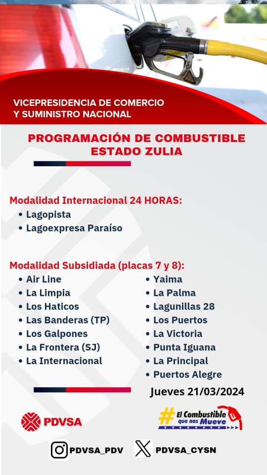 PDVSA_CySN's tweet photo. Programación de #Combustible en el estado #Zulia

#21Marzo
#Gasolina 
#PDVSA 
#ElCombustibleQueNosMueve

@NicolasMaduro 
@TellecheaRuiz
@CRadialPDVSA https://t.co/LQ55QYgJz8