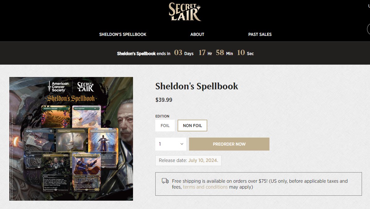 A gentle reminder there's a few days left to preorder Sheldon's Spellbook, where 50% of the product price will go to the American Cancer Society.

👇

secretlair.wizards.com/us/en/product/…

#MTGCommander #MTGSLD