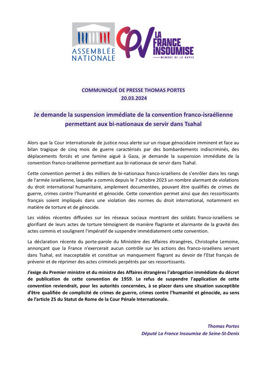 Au regard du génocide du peuple palestinien commis par Israël et son armée de criminels de guerre, je demande officiellement au Premier ministre de suspendre la convention franco-israélienne de 1959 qui permet aux bi-nationaux de servir dans Tsahal. La CIJ impose à la France…