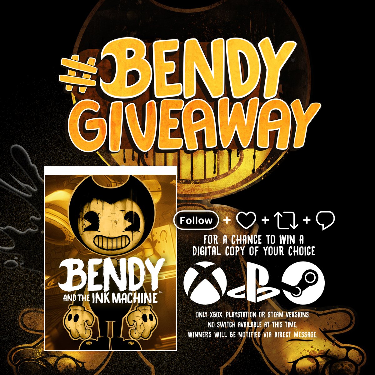 🟡 It’s time for the #BENDYGIVEAWAY ! 🟡 You could win the original #BATIM on the platform of your choice! 3 Winners will be chosen tomorrow at random. To enter do all 4 of the following on this post: 🚶🏻‍♂️ Follow ♥️ Like 🔁 Retweet ✍️ Comment Good luck! #BENDY