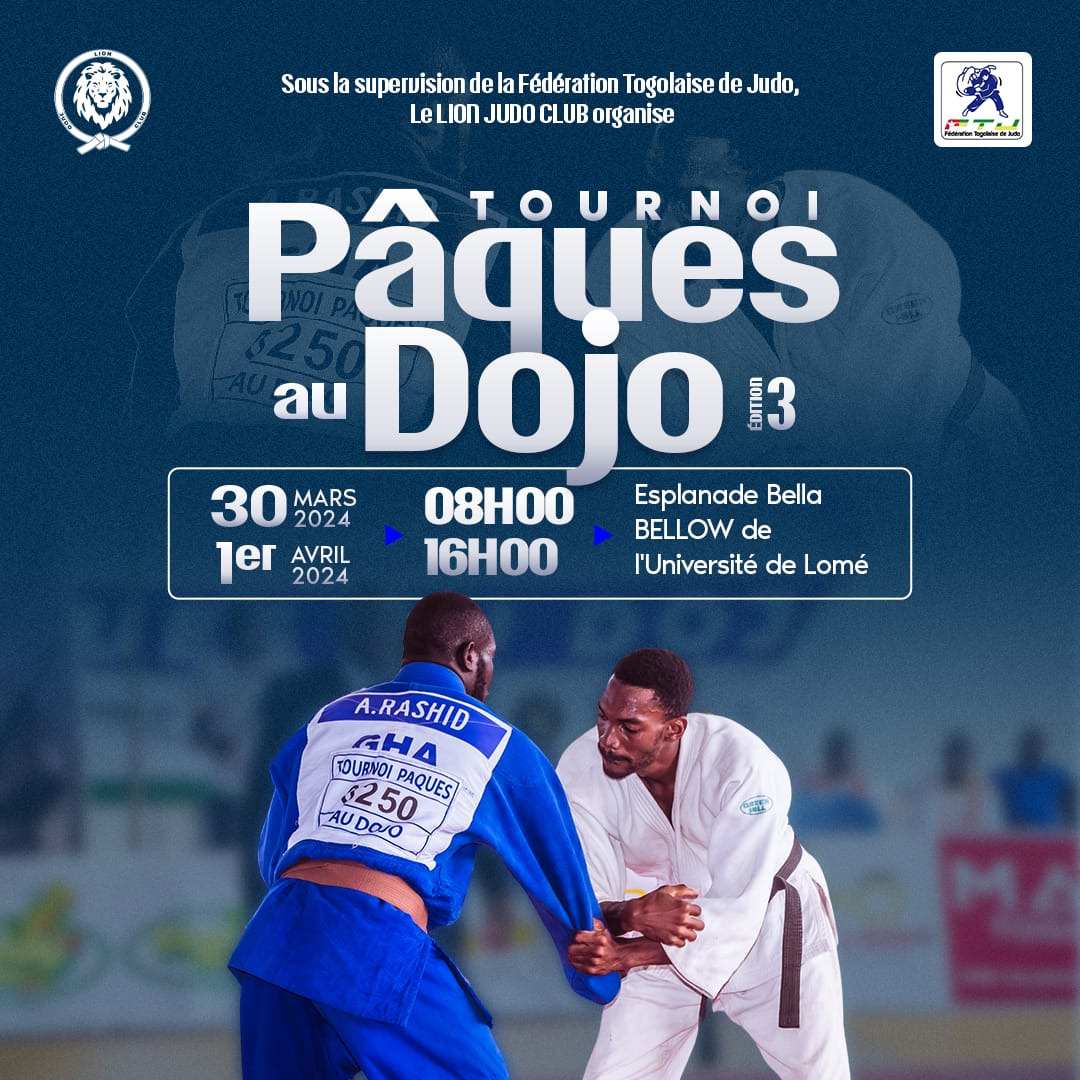 Hellooo La 3ème Édition du Tournoi PAQUES AU DOJO est en route avec le LION JUDO CLUB ! Rejoignez nous deux journées de compétition passionnante les 30 mars et 01 Avril 2024 à l'esplanade Bella BELLOW de l'Université de Lomé #Judo#LionJudoClub#PAD2024