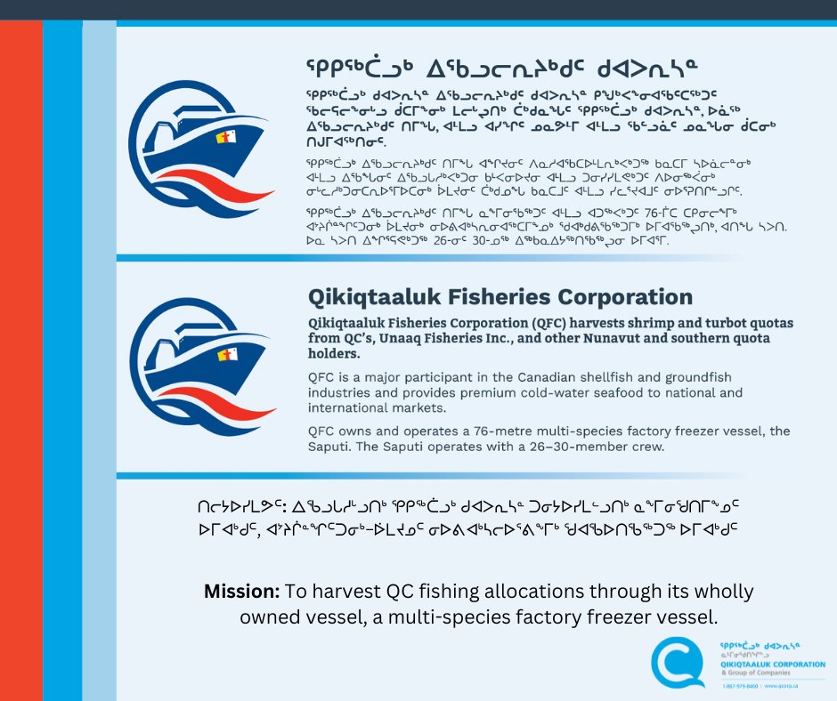Learn more about our QC wholly-owned subsidiaries: Qikiqtaaluk Fisheries Corporation. Visit:
qcorp.ca/qc-services/qi…