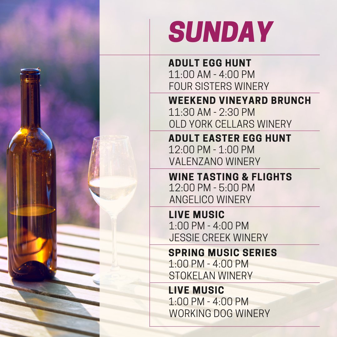 Enjoy the first weekend of Spring at NJ wineries! 🌸 Sip and listen to live music, enjoy food pairings and adult Easter egg hunts! 🐣🍷 Visit the link newjerseywines.com/events/categor… to see the full details on all the events happening this weekend in the Garden State! 🍇 #CheersNJWine