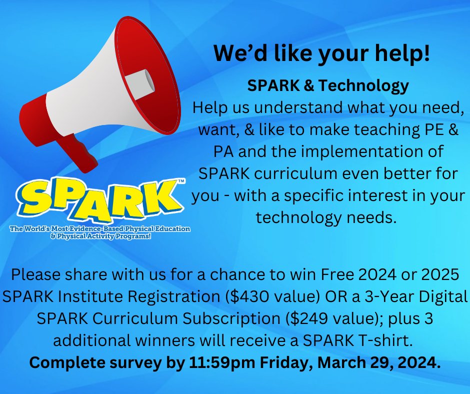 📣 We'd like your help! Please share with us (whether or not you use our digital platform SPARKfamily or the SPARK PE App) here: bit.ly/3T7fmoj?utm_so… by 3/29/24 for a chance to win! #physed #afterschool #earlychildcare #elemPE #secondaryPE @GopherSport