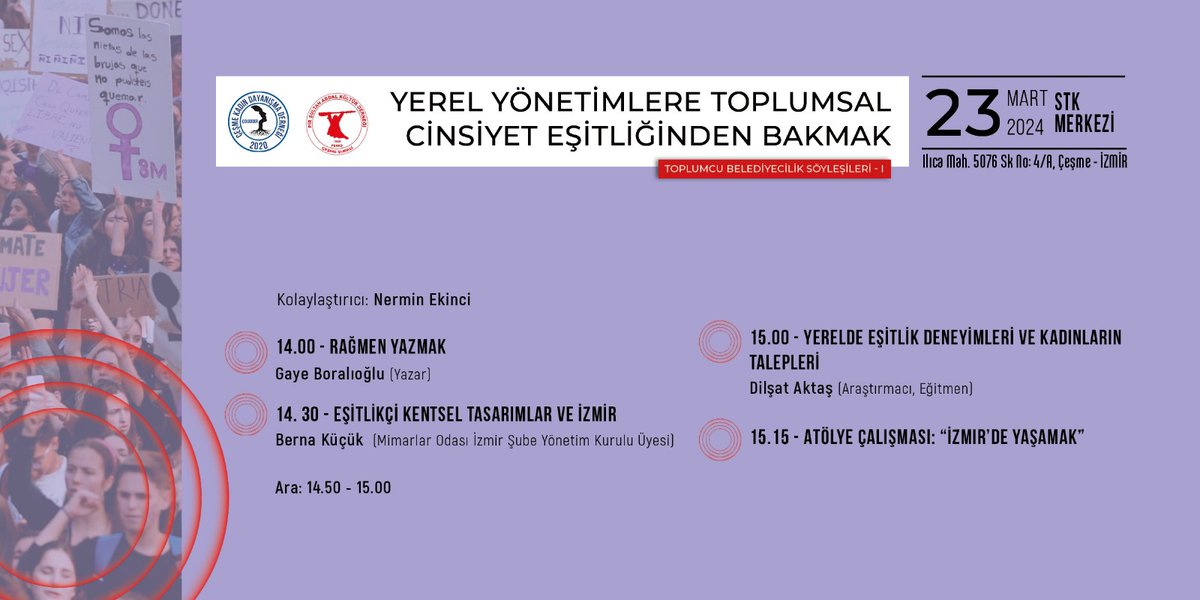 Çeşmeli Kadınlar Yerel Yönetimlere Dair Sözünü Söylüyor💬💬💬

"Yerel Yönetimlere Toplumsal Cinsiyet Eşitliğinden Bakmak" etkinliğinde, 23 Mart'ta,Çeşme’de, Sivil Toplum Kuruluşları Merkezi’nde Çeşmeli kadınlarla buluşuyoruz. 
#toplumcubelediyecilik #toplumsalcinsiyeteşitliği