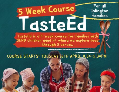 For Islington families with a SEND child aged 4+ please come along to our 5-week cooking course exploring food through our senses. Starts Tuesday 16th April, 4.30-5.30pm. #southislington #ec1 #islingtonfamilies #SEND slpt.org.uk/st-lukes-event…