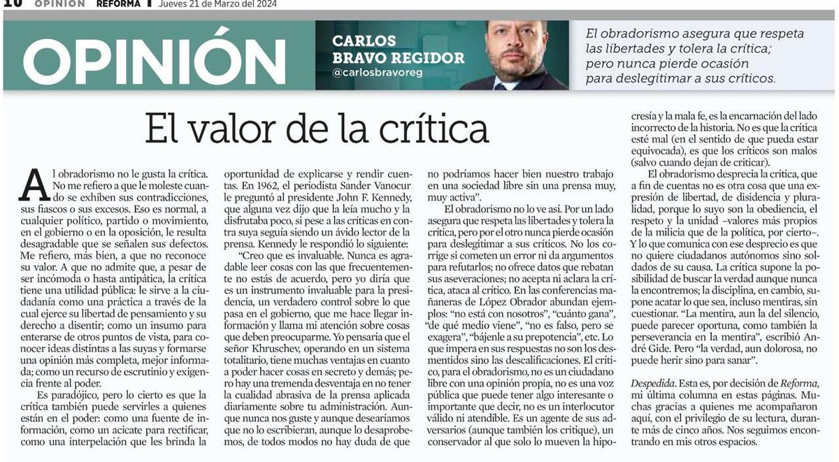 LeonKrauze's tweet photo. Esta es, muy lamentablemente, la última columna de @carlosbravoreg en Reforma. Hay que leerla con cuidado. https://t.co/JUTpNuFQmQ